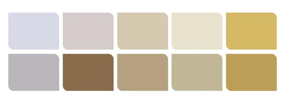 A picture of an uplifting colour palette, including 10 shades varying from light whites and greys to deeper yellows and beiges